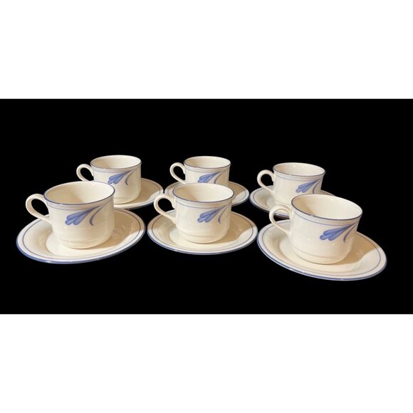 New Lenox Chinastone Blue Brushstrokes Vintage Coffee Tea Cups & Saucers, 6 sets - Picture 1 of 9